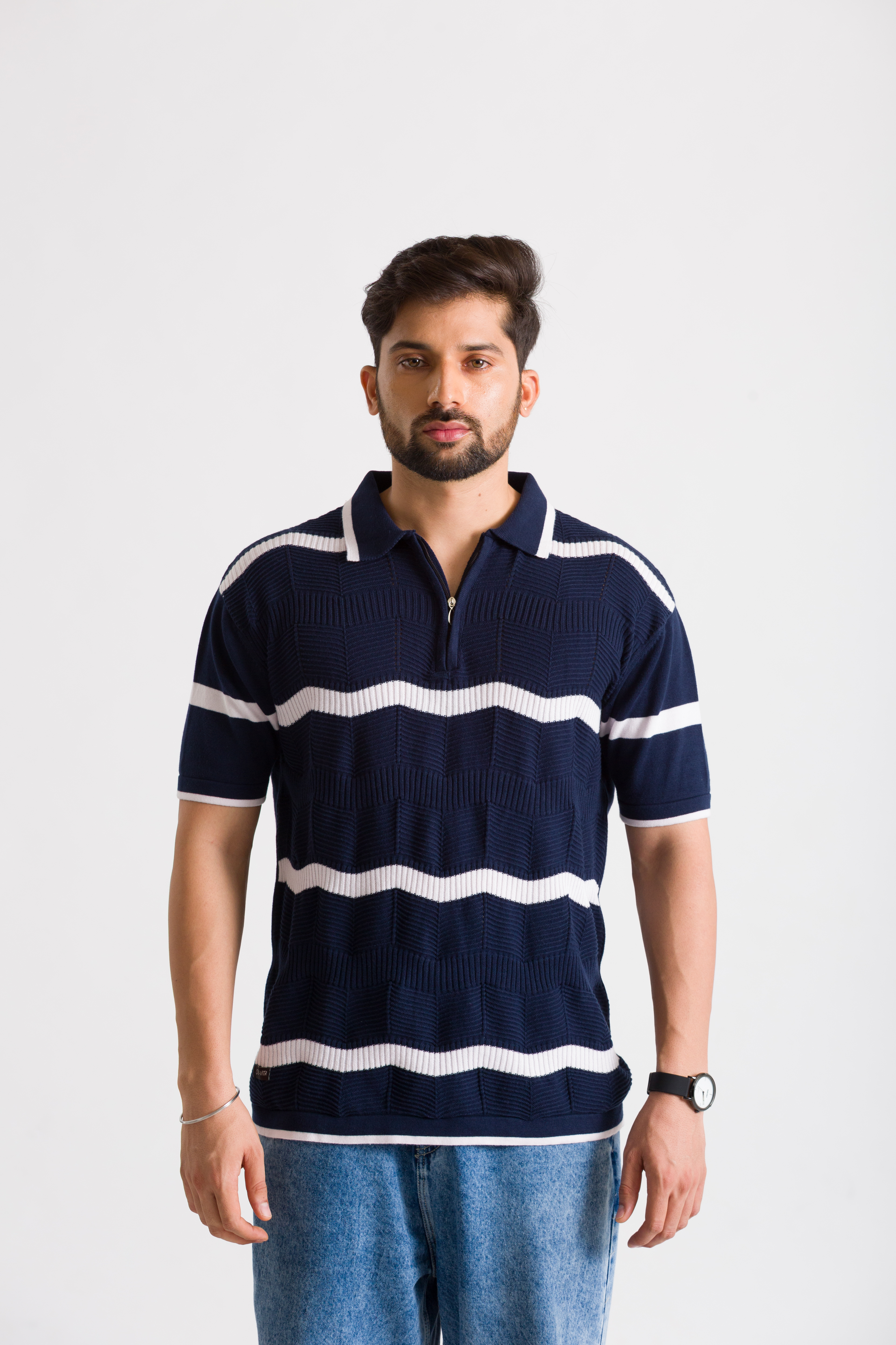 Knitted Navy Blue White Curvy Stripe Polo